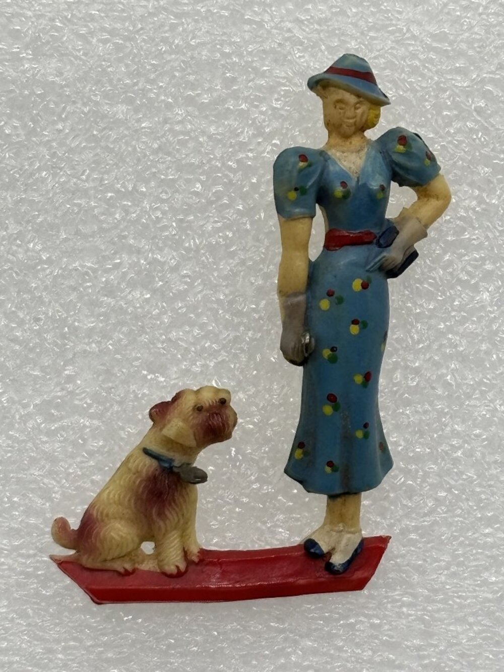 Vintage 1930s Celluloid Pin or Brooch Hand Painted Woman With Dog Kitsch C-Clasp